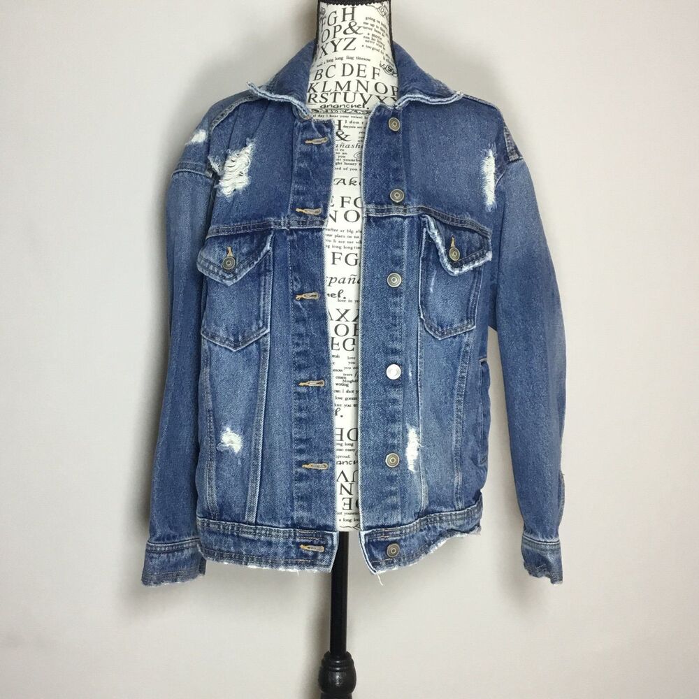 Medium blue distressed denim jacket 100% cotton 4 pockets retro casual S